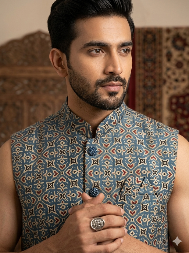 Blue Ajrakh Silk Jacket