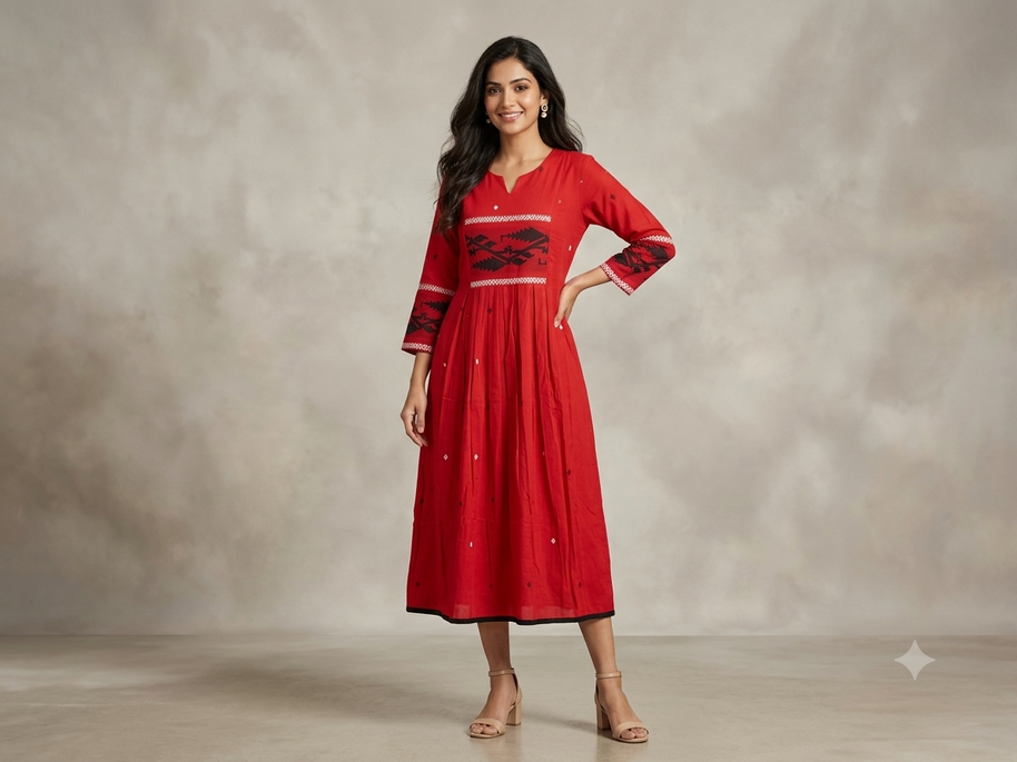 Red Black Jamdani Cotton Dress