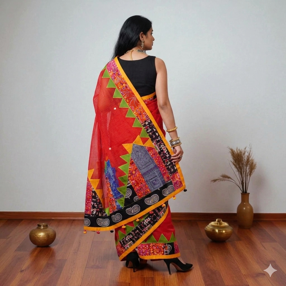 Red Applique Kota Cotton Saree