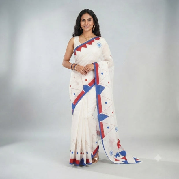 White Red Applique Cotton Saree