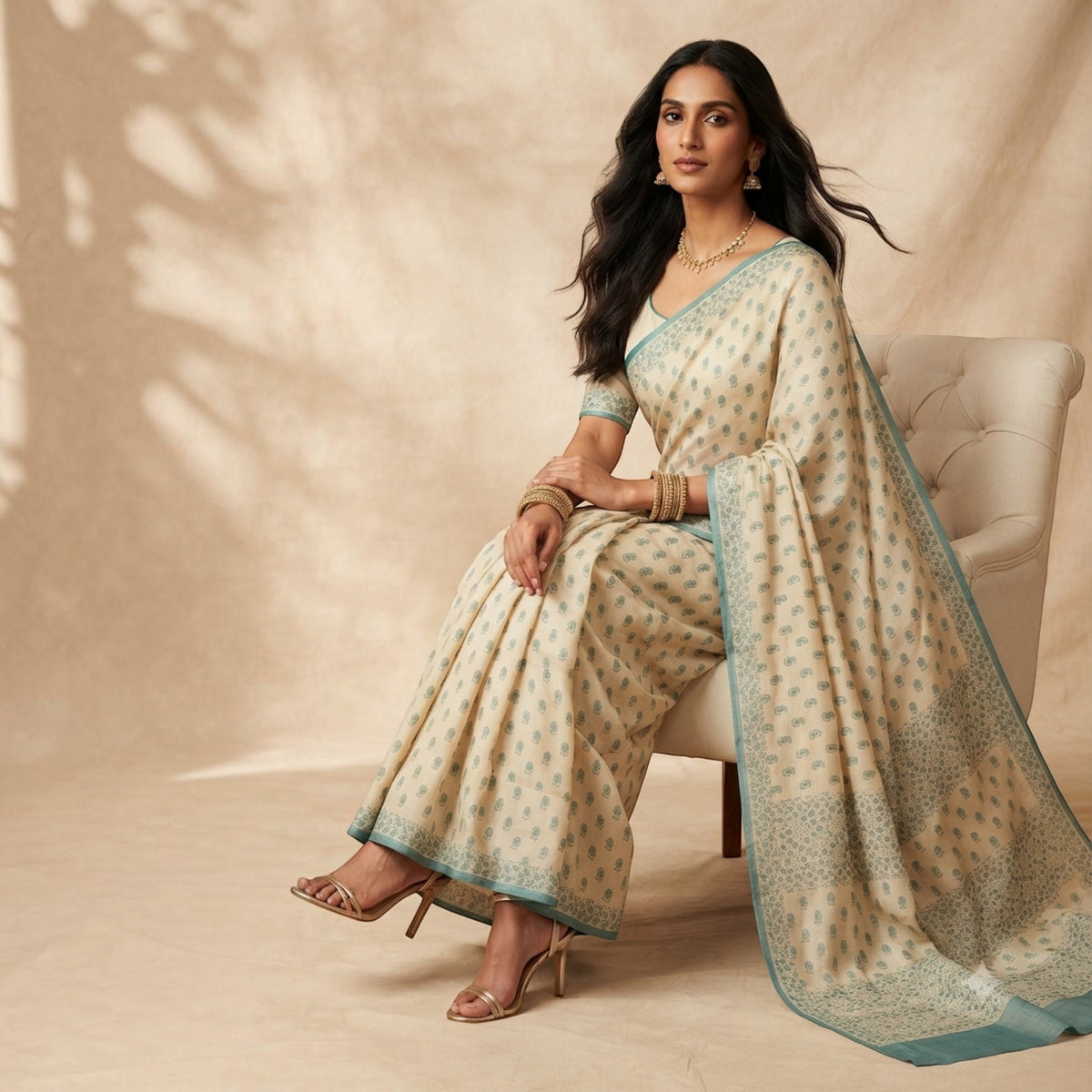 Cream Floral Silk Saree