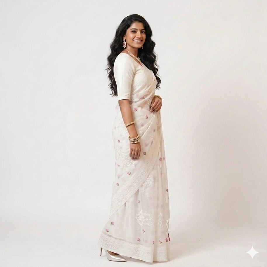 White Chikankari Organza Saree