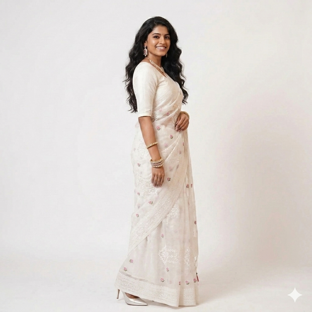 White Chikankari Organza Saree