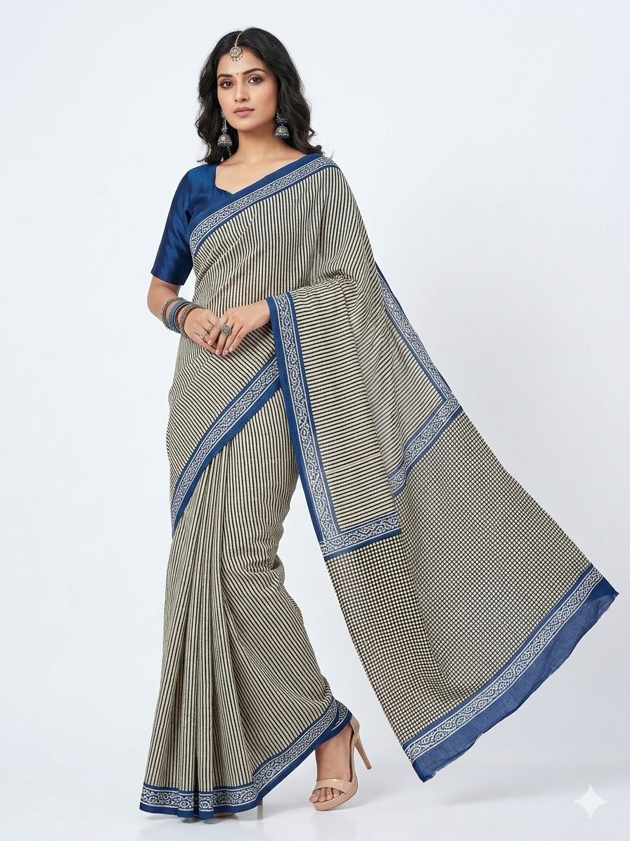 Offwhite Black Stripe Handblock Cotton Saree