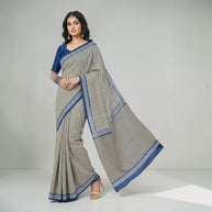 Offwhite Black Stripe Handblock Cotton Saree