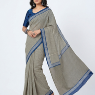 Offwhite Black Stripe Handblock Cotton Saree