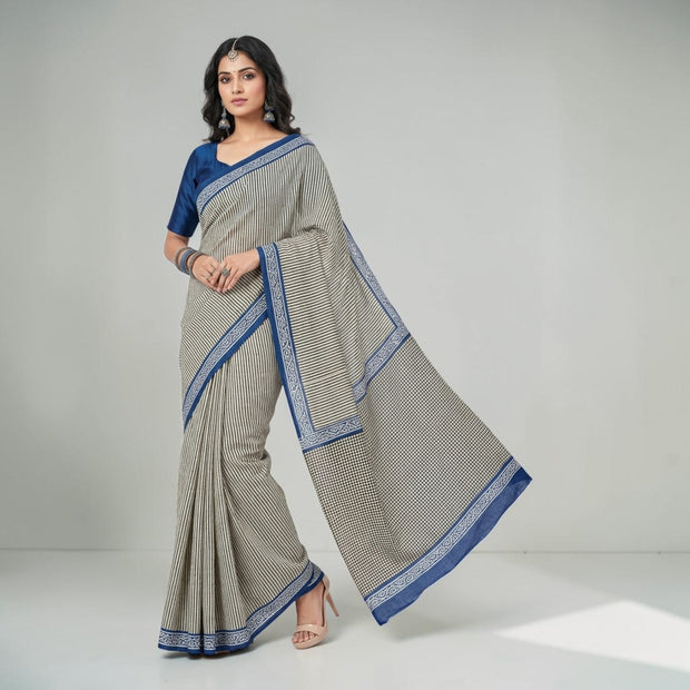 Offwhite Black Stripe Handblock Cotton Saree