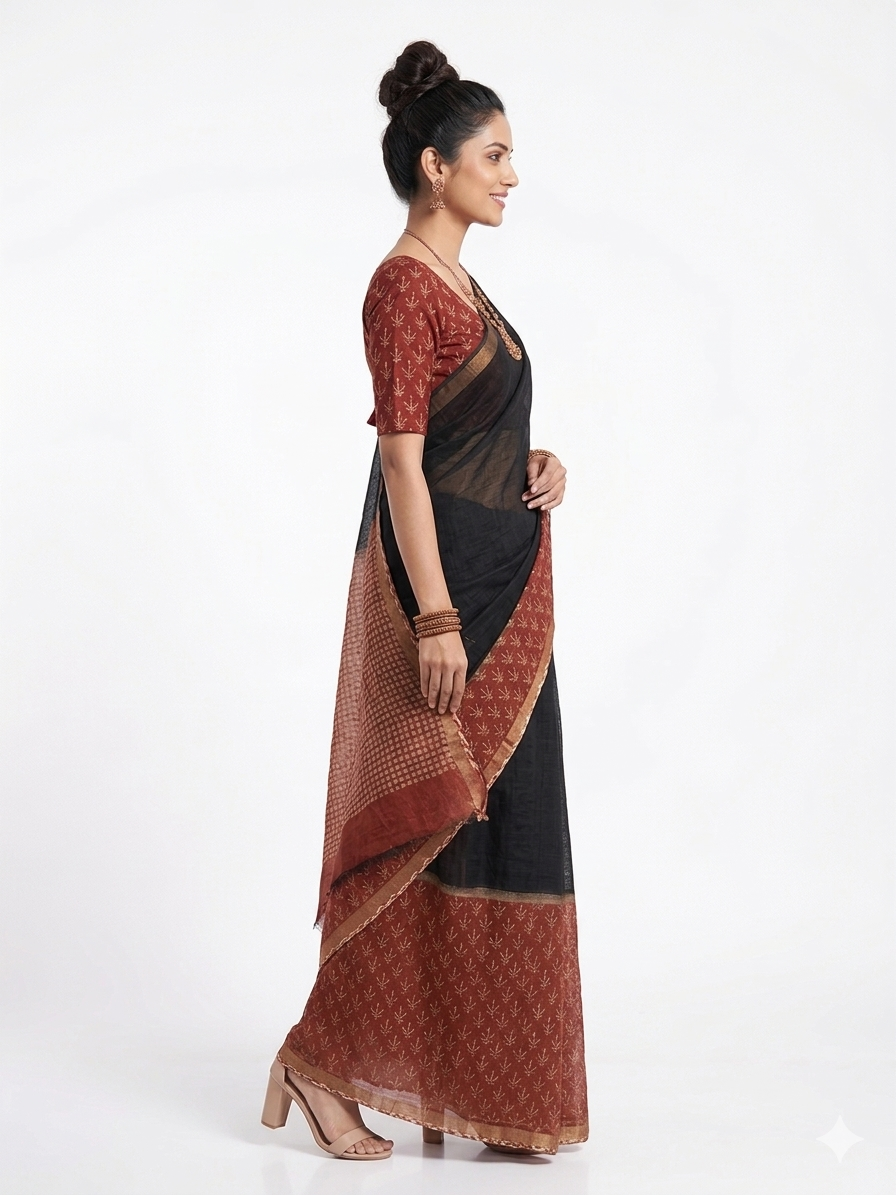Black Floral Handblock Kota Cotton Saree