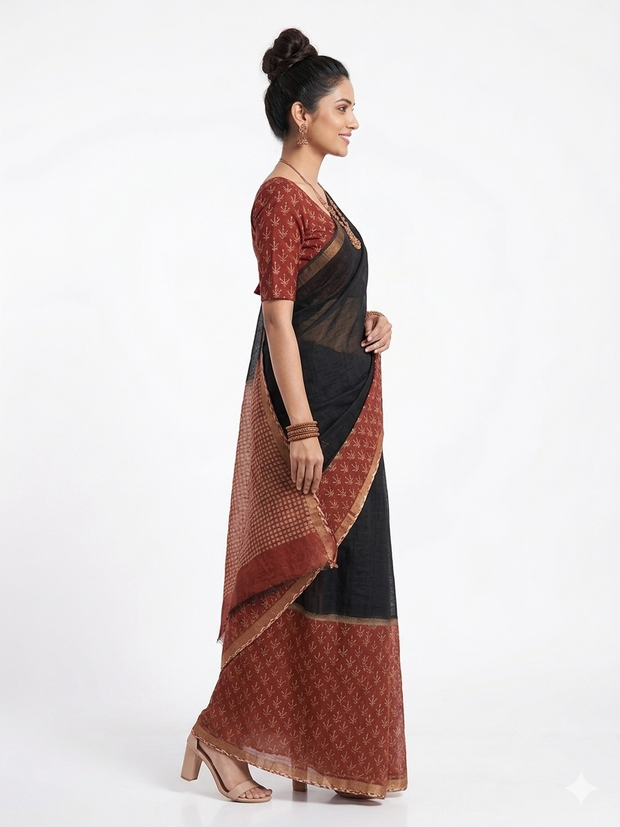 Black Floral Handblock Kota Cotton Saree