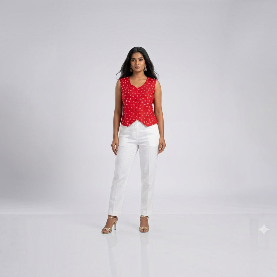 Red Silk Bandhej Waistcoat