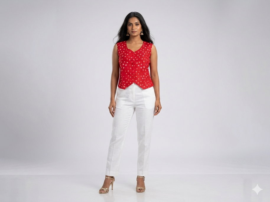 Red Silk Bandhej Waistcoat