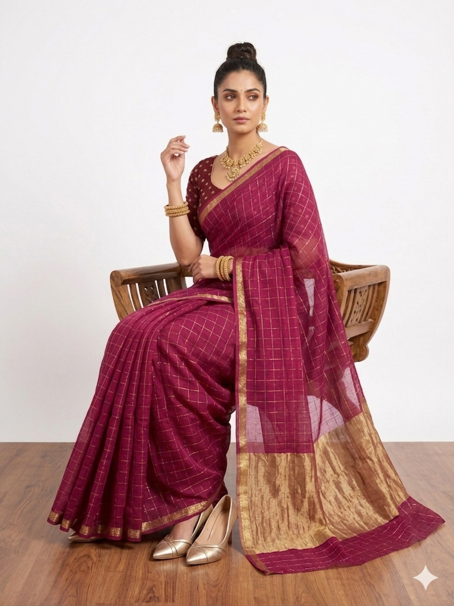 Purple Check Georgette Saree