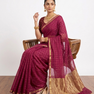 Purple Check Georgette Saree