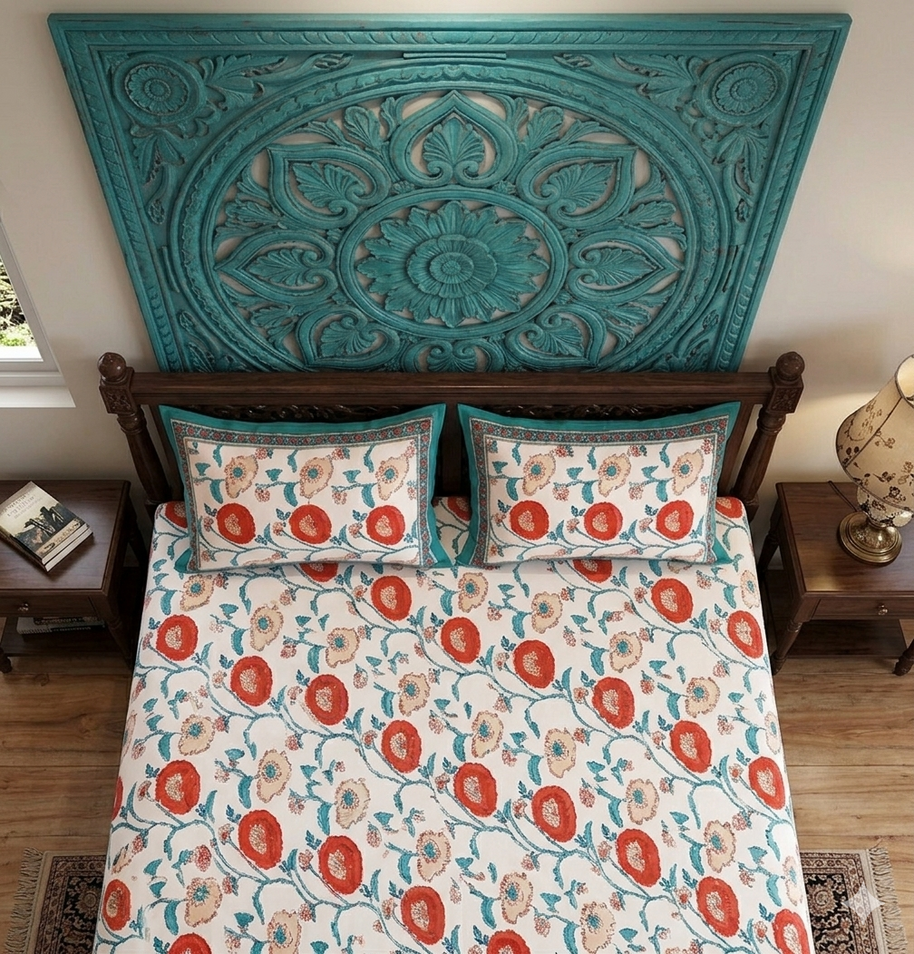 White Orange Handblock Print Double Bedsheet