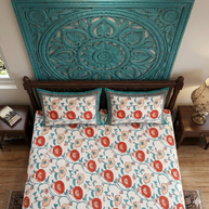 White Orange Handblock Print Double Bedsheet