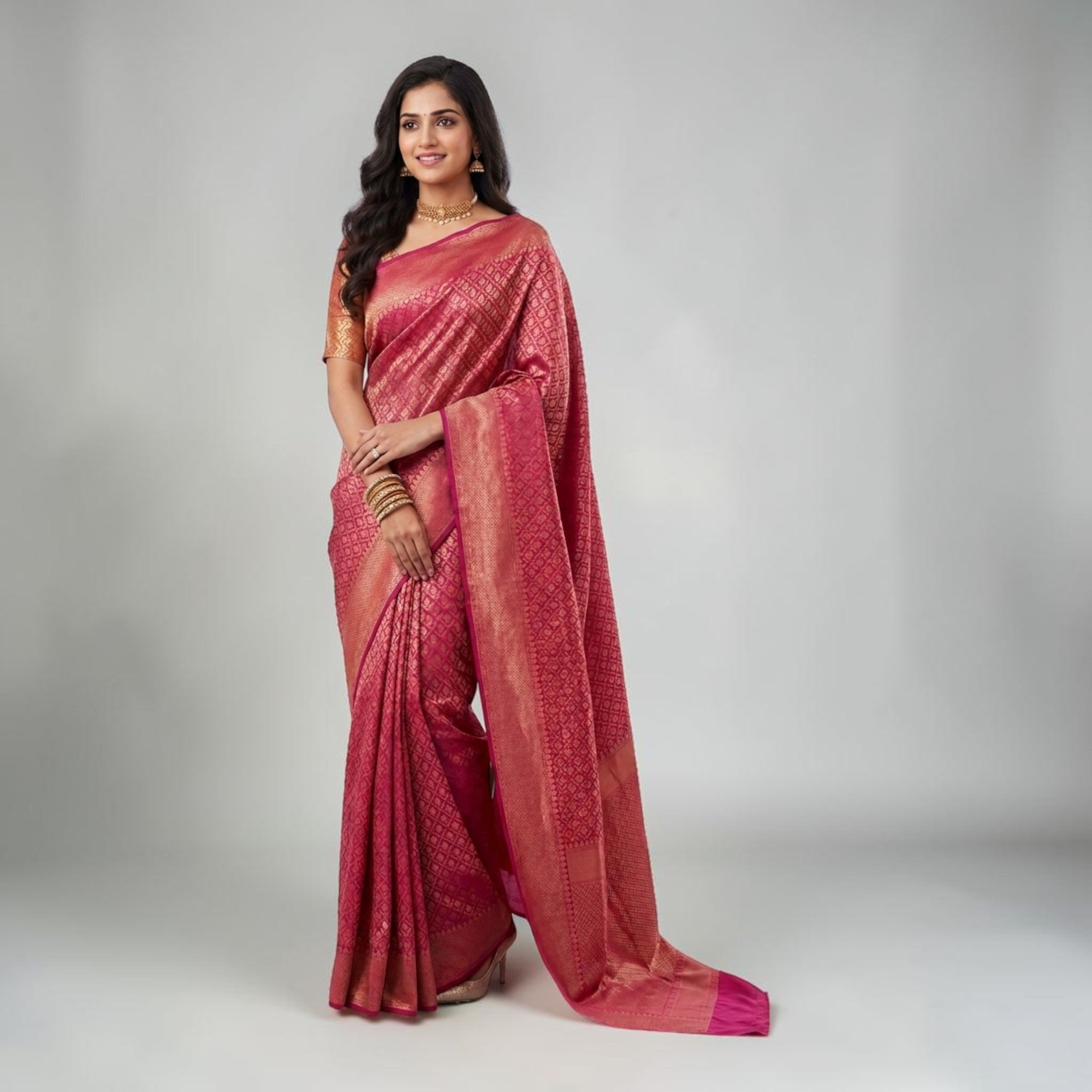Rani Pink Golden Zari Work Silk Saree