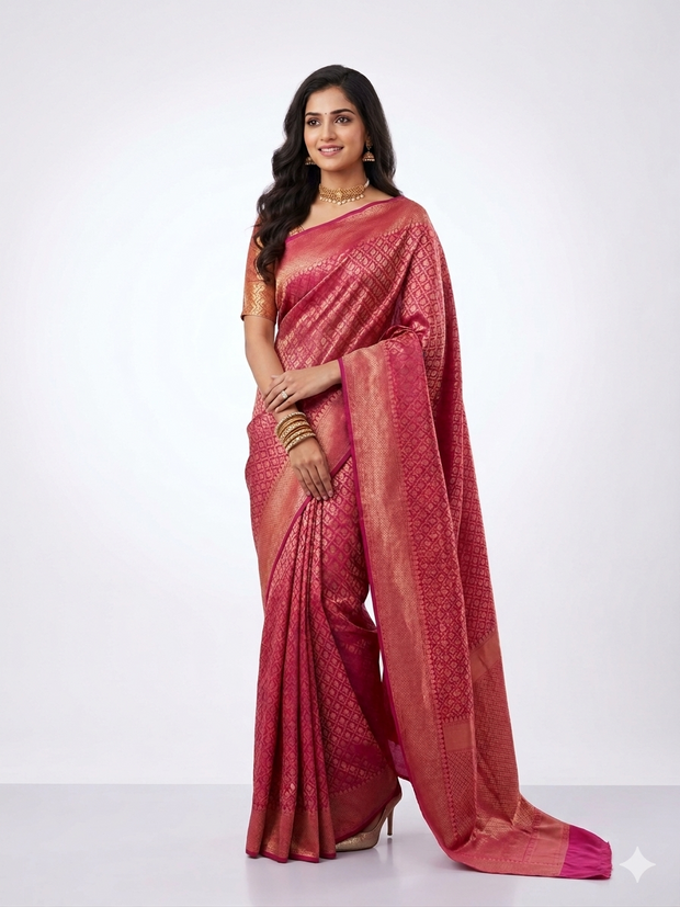 Rani Pink Golden Zari Work Silk Saree