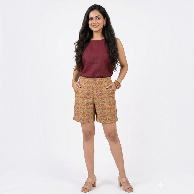 Yellow Handblock Cotton Shorts