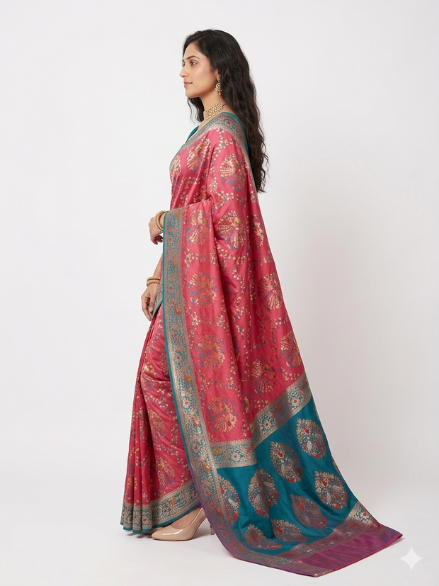 Pink Green Zari Work Silk Saree