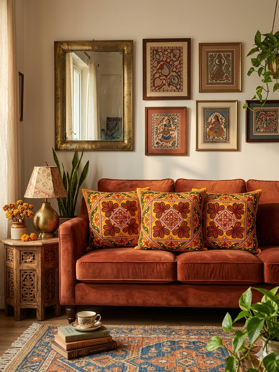 Orange Gujarati folk embroidery Cotton Cushion