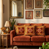 Orange Gujarati folk embroidery Cotton Cushion