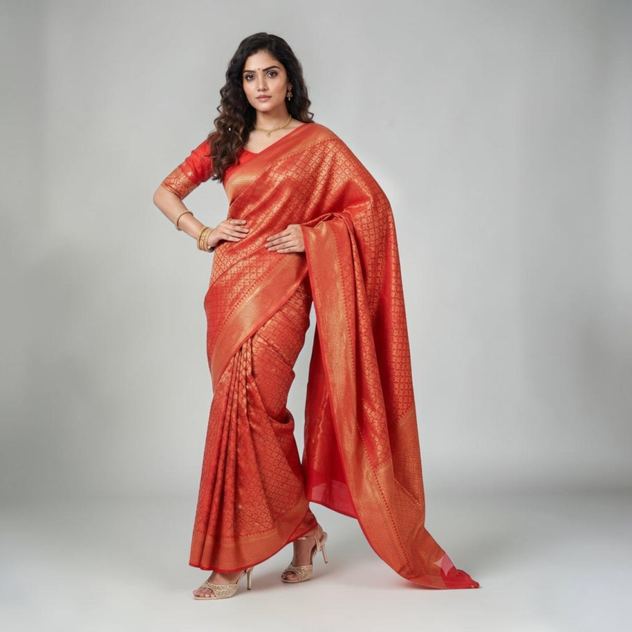 Red Golden Zari Work Silk Saree
