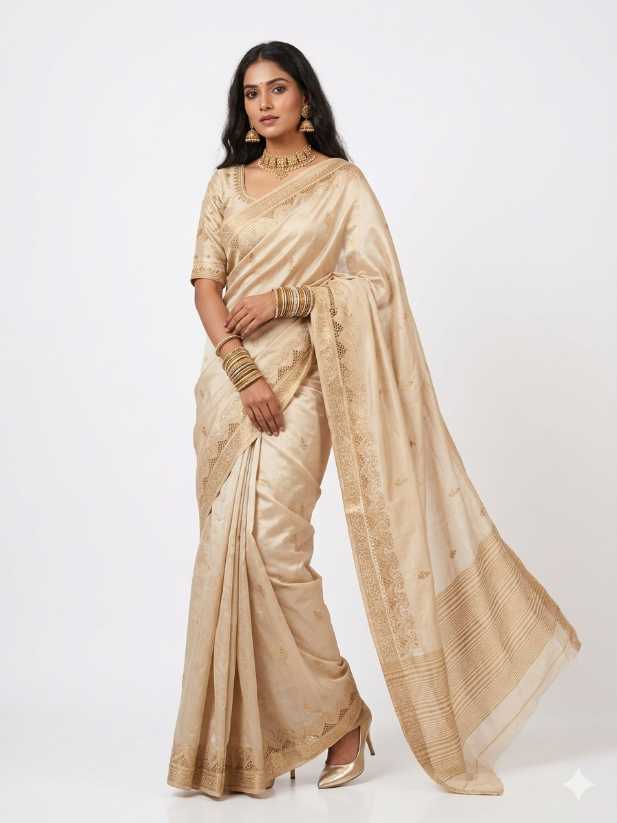 Light Brown Tussar Cutwork Silk Saree