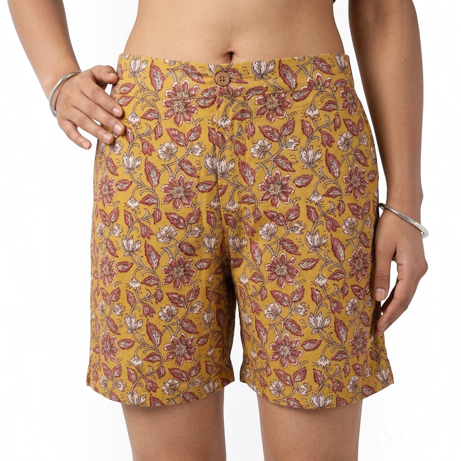 Yellow Handblock Cotton Shorts