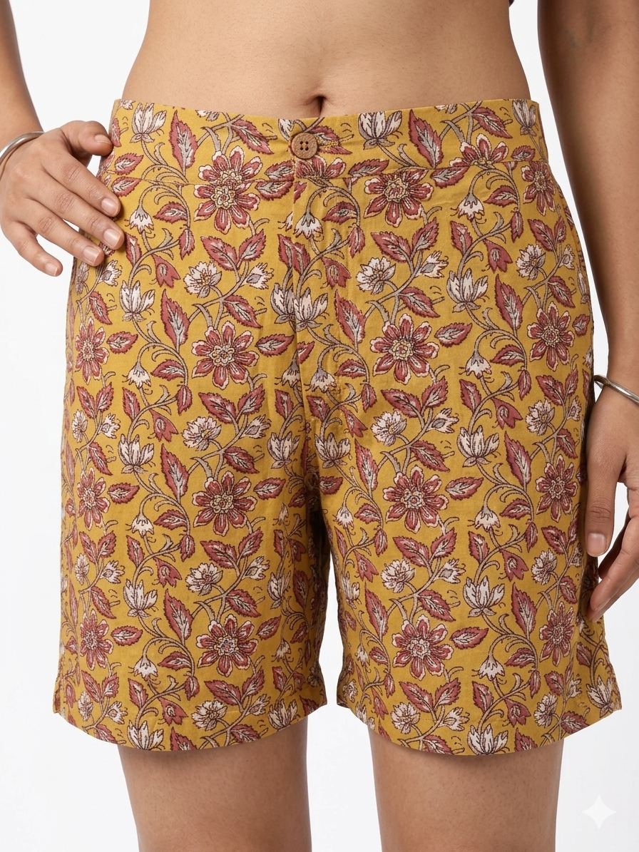 Yellow Handblock Cotton Shorts