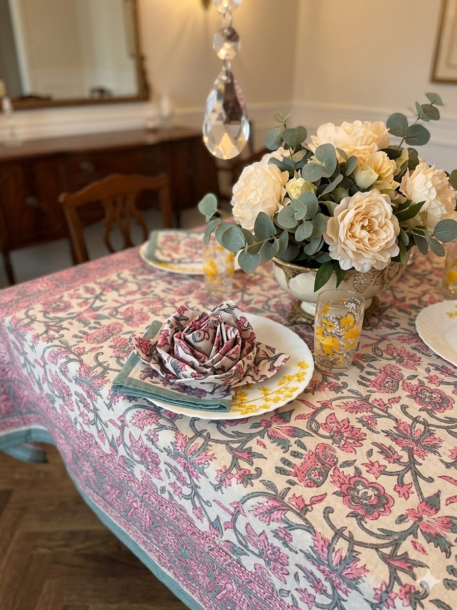 Handblock Print Cotton 6 Seater Rectangular Table Cover