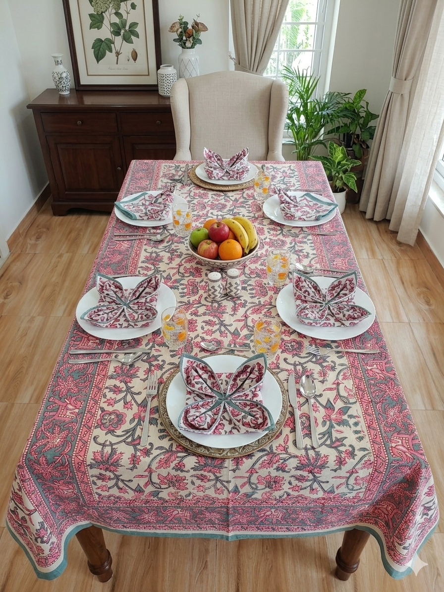 Handblock Print Cotton 6 Seater Rectangular Table Cover