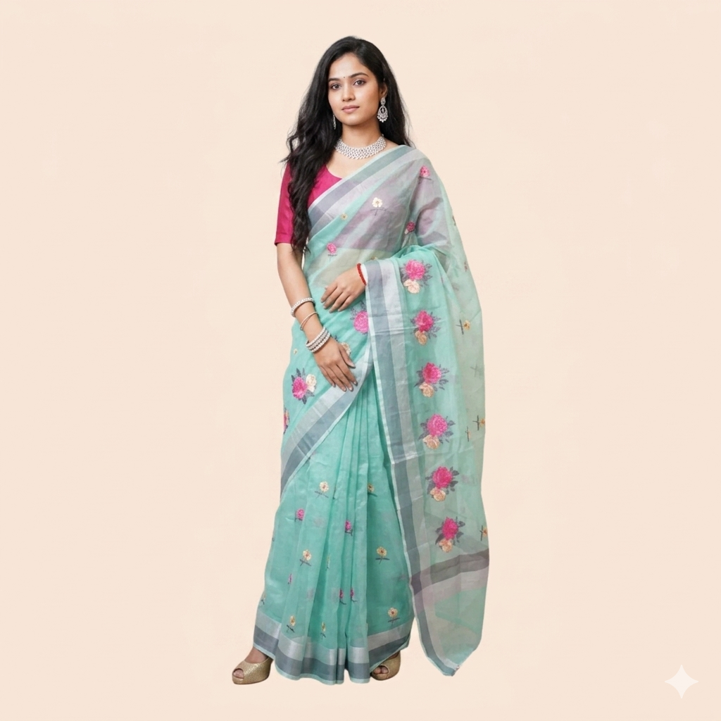 Green Embroidery Kota Cotton Saree