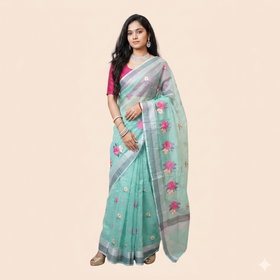 Green Embroidery Kota Cotton Saree