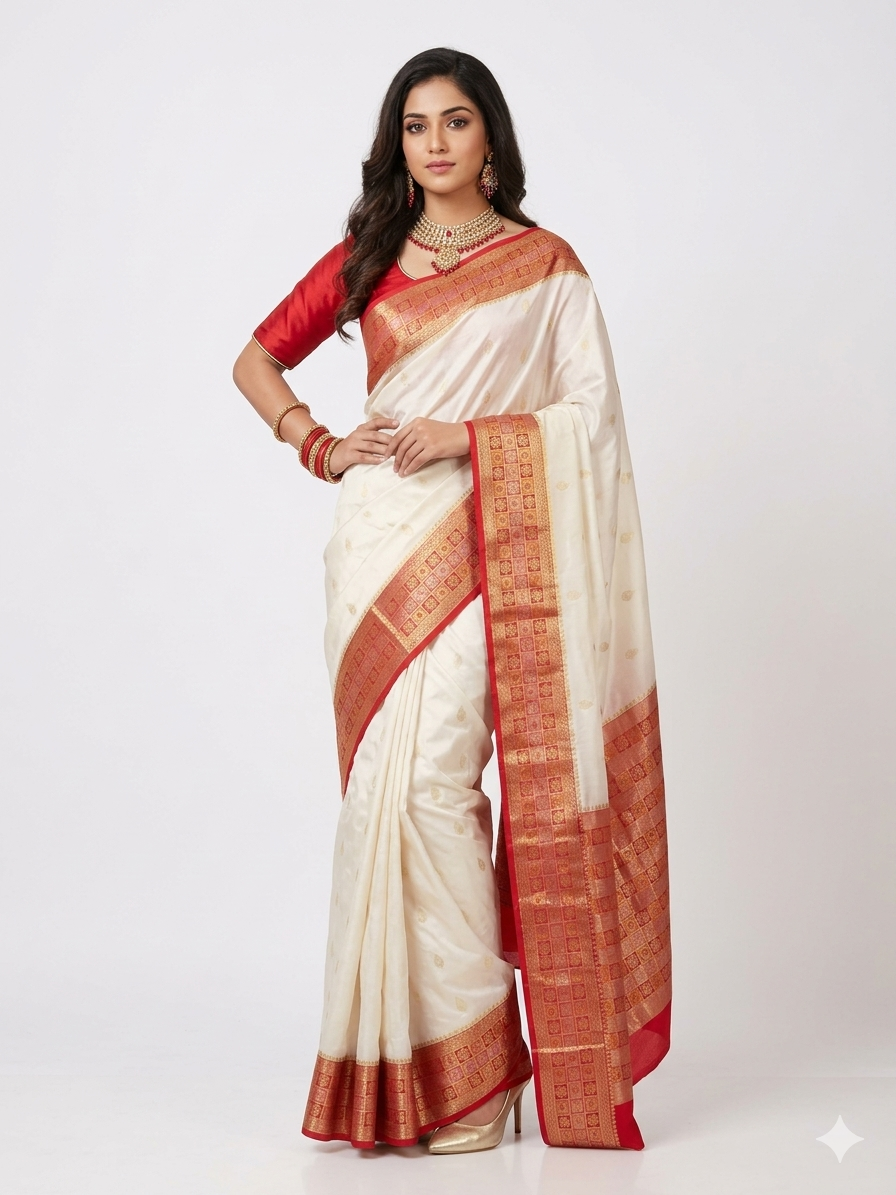 Cream Red Zari Work Silk Saree