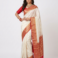 Cream Red Zari Work Silk Saree