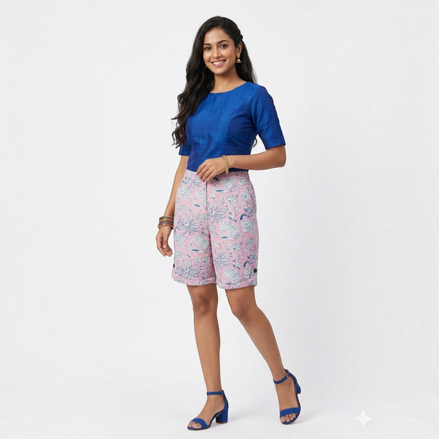 Pink Handblock cotton Shorts