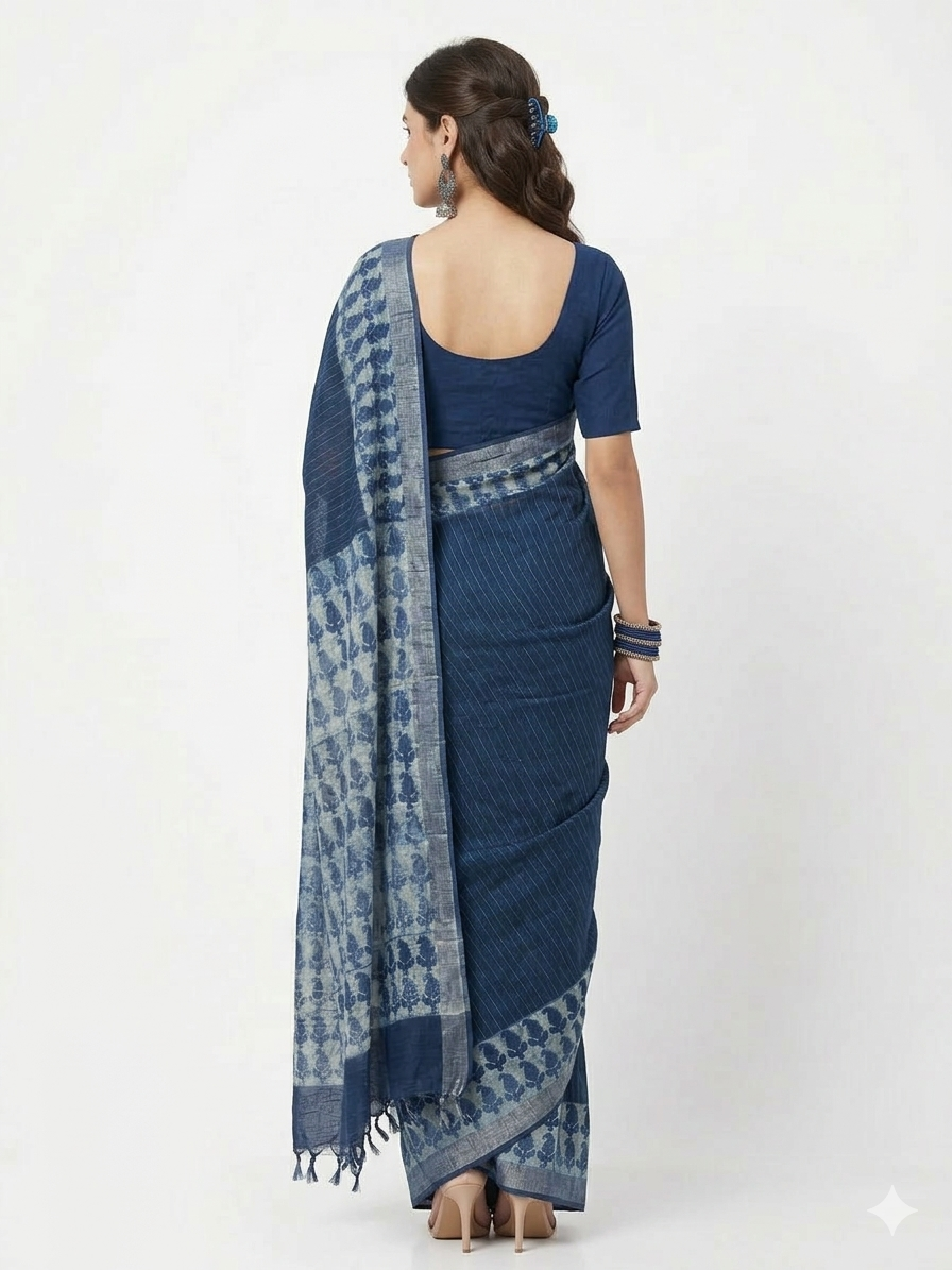 Blue Stripe Handblock Print Cotton Saree