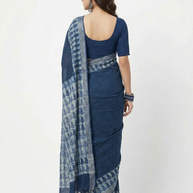 Blue Stripe Handblock Print Cotton Saree