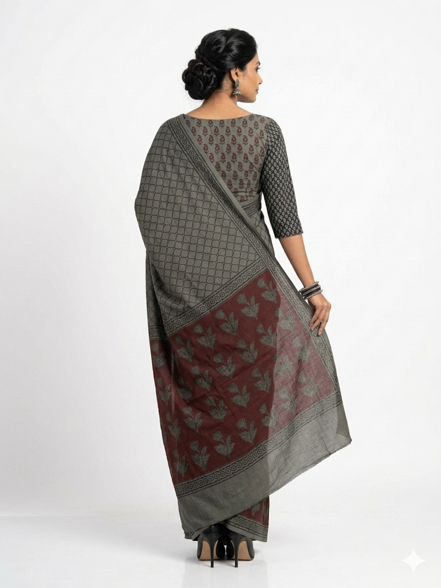Grey Black Weave Handblock Print Cotton Saree