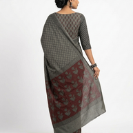 Grey Black Weave Handblock Print Cotton Saree