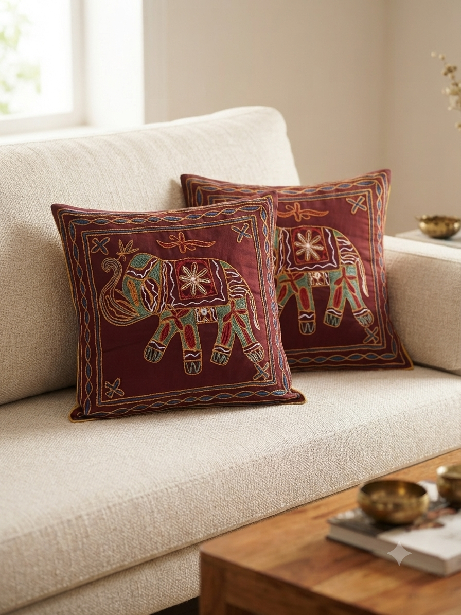 Maroon embroidery Cotton Cushion