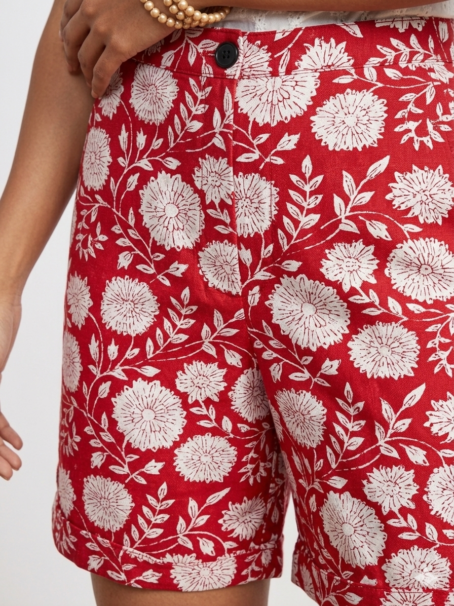 Red Handblock Cotton Shorts