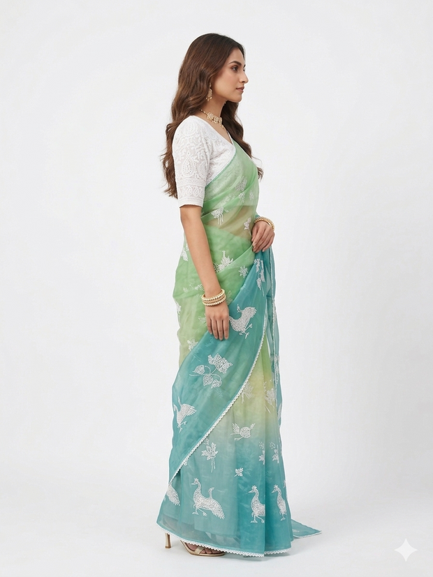 Ligth Green Hand Painted Silk Saree