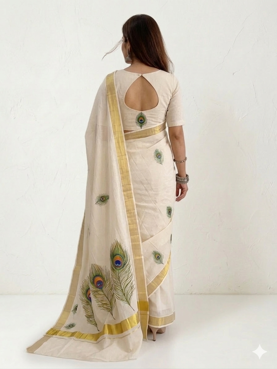 PankhValli Kasavu Handpainted Cotton Saree