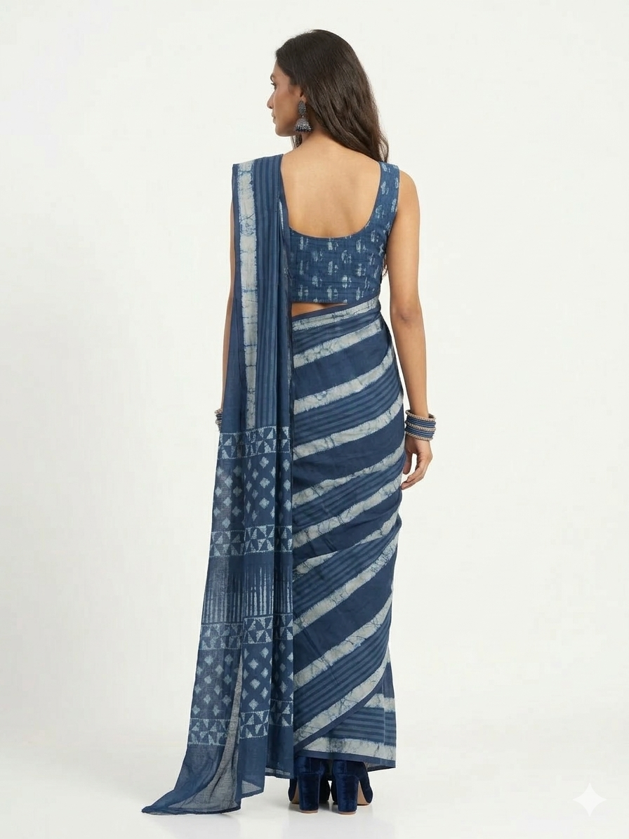 Blue Stripe Handblock Print Cotton Saree