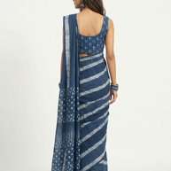 Blue Stripe Handblock Print Cotton Saree