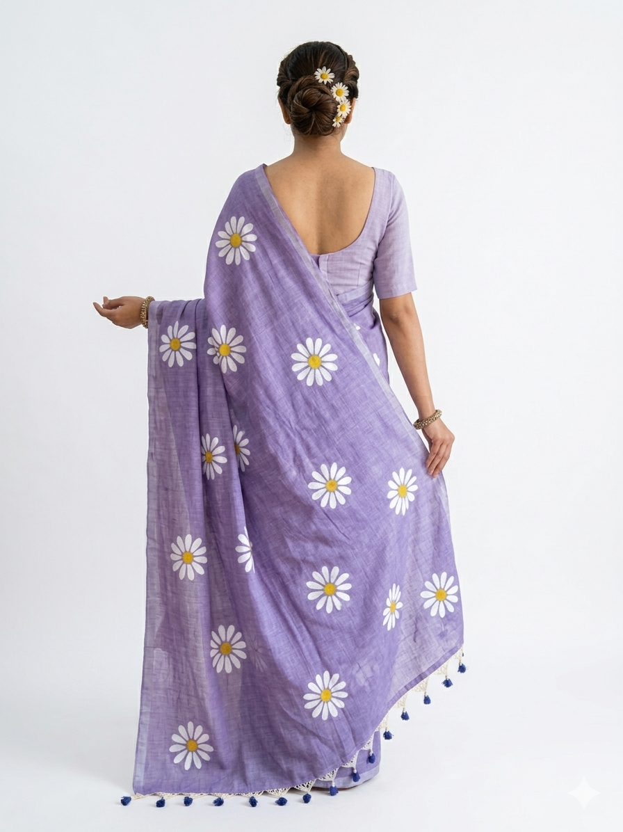 Lavender Bloom Handprinted Cotton Saree