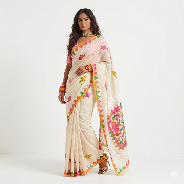 Cream Handpainted Cotton Saree