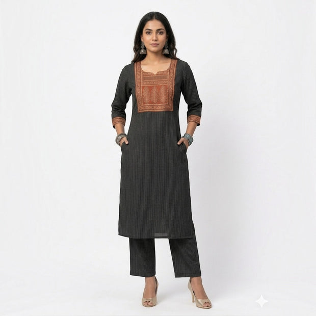 Black Stripe Cotton Kurta Set
