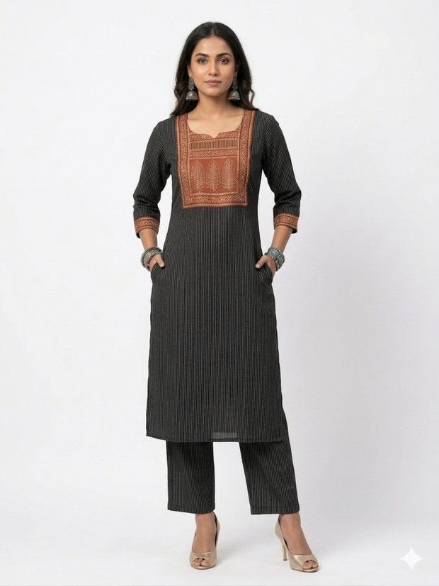 Black Stripe Cotton Kurta Set